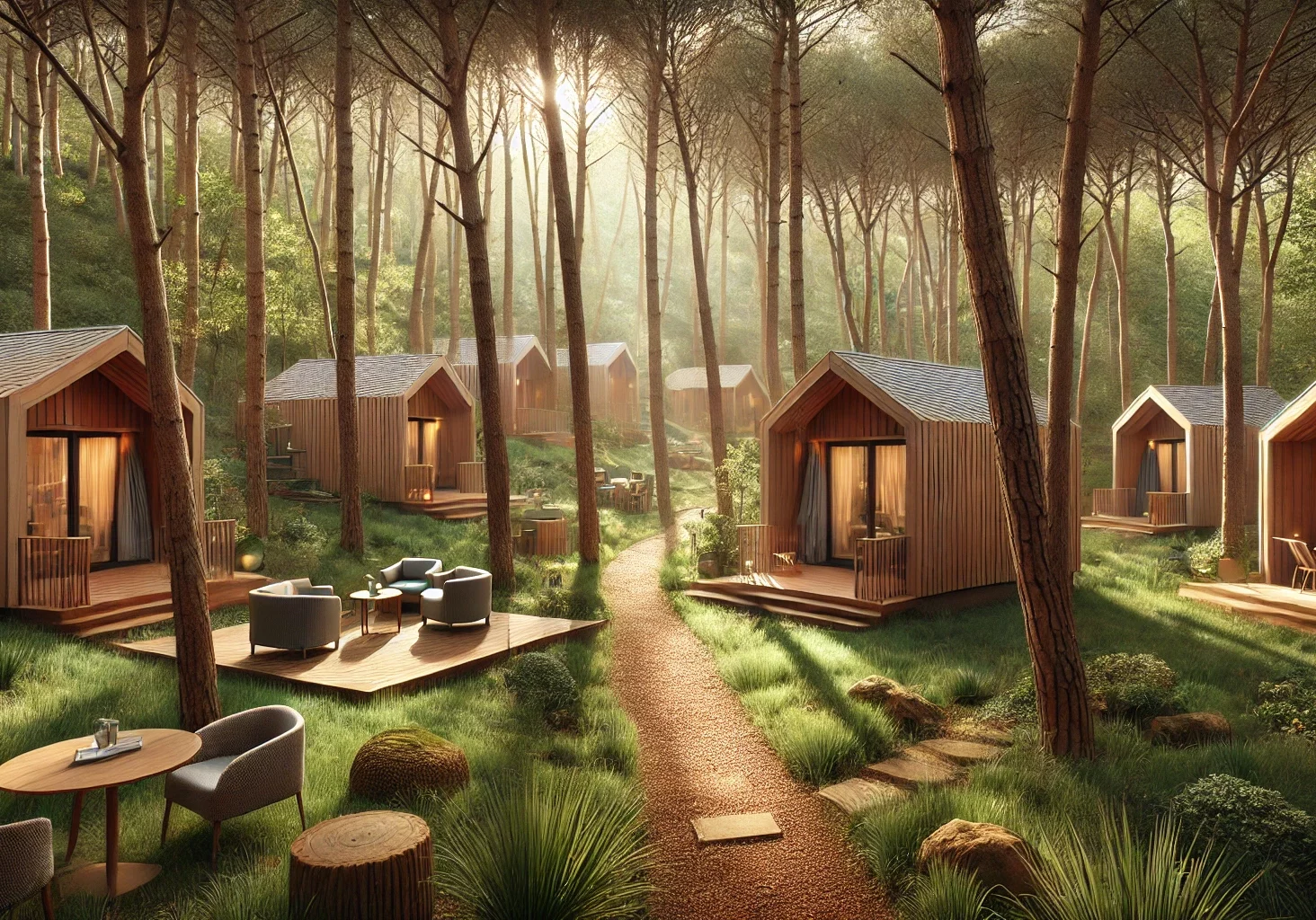 DALL·E 2024-10-09 16.27.43 - A serene business resort nestled in a Catalan forest, featuring wooden cabins that blend seamlessly with the natural surroundings. The cabins are cozy